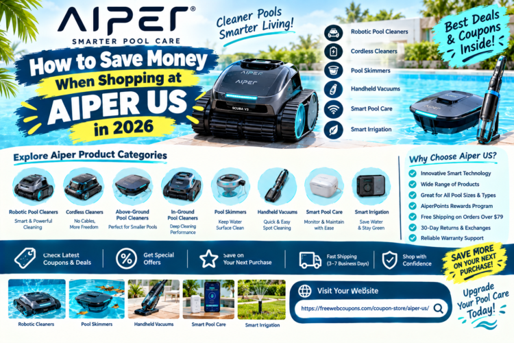Aiper US robotic pool cleaners, smart pool care products, and pool skimmers featured in a 2026 savings guide