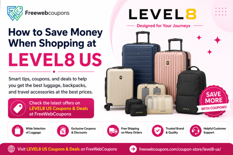 LEVEL8 US Coupons and Deals banner featuring luggage, travel accessories, FreeWebCoupons, and tips for saving money on LEVEL8 products.